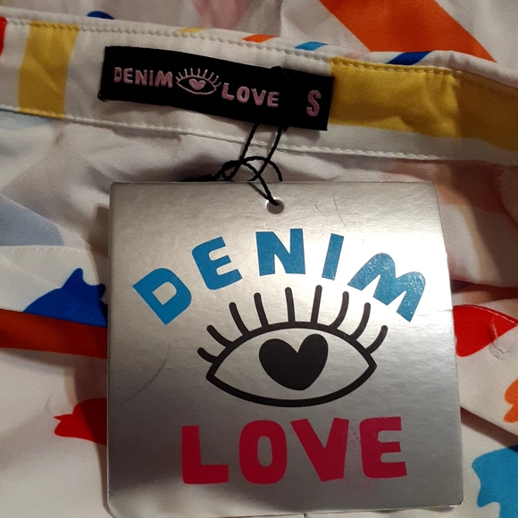 DENIM LOVE BLOUSE WOMEN'S SIZE S GEOMETRIC PRINT MULTICOLORED LONG SLEEVE BUTTON - Picture 7 of 10
